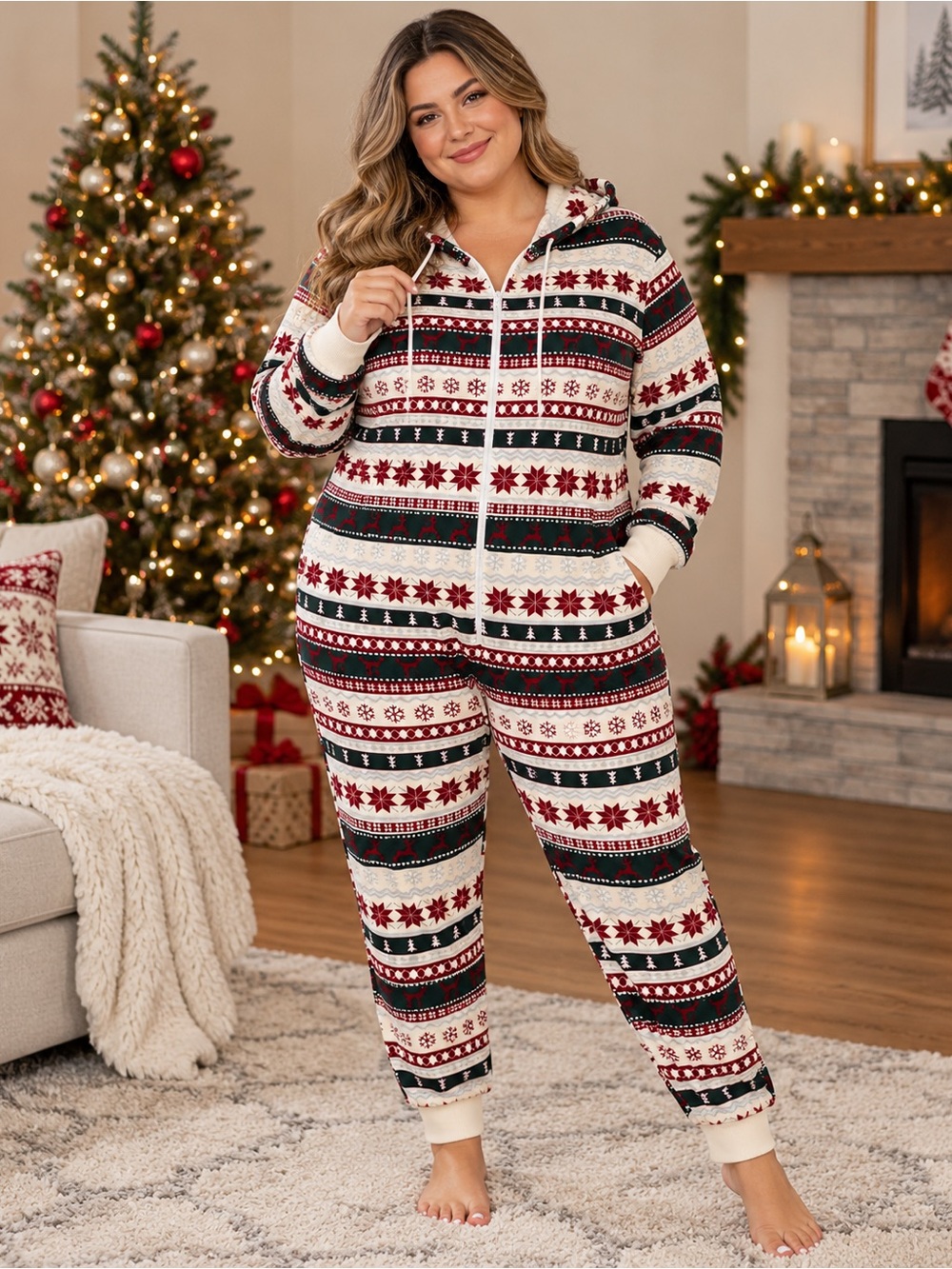 Fabletics Cozy Fleece Hooded Onesie Womens 2XL Fair Isle Holiday Full Zip